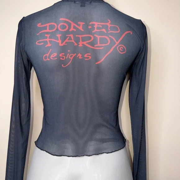 Ed Hardy Black Sheer Long Sleeve Tattoo-Print Crop Top - Picture 11 of 11